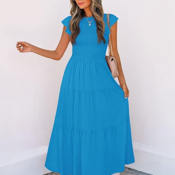 Women's 2025 Summer Casual Flutter Short Sleeve Crew Neck Smocked Elastic Waist - Picture 5 of 7